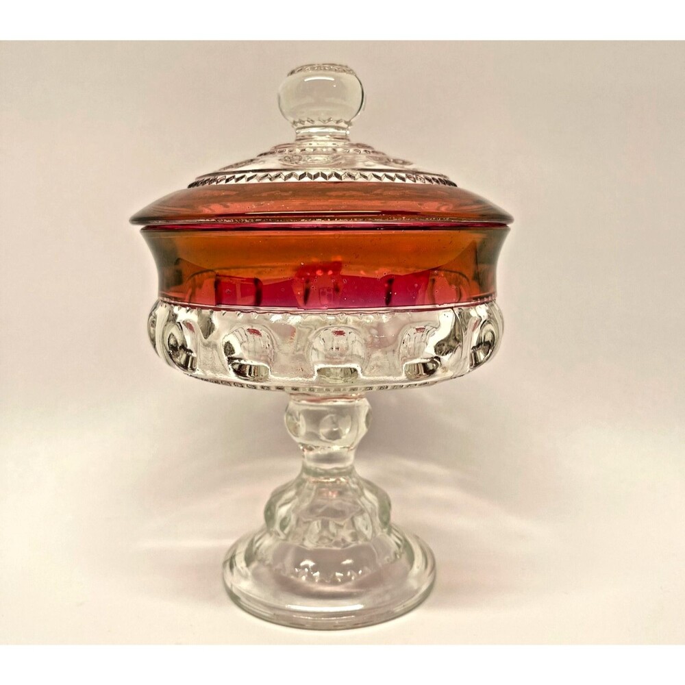 Vintage King’s Crown Thumbprint Ruby-Flash Covered Pedestal Candy Dish Unmarked